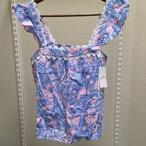 Lilly Pulitzer Pink Floral Sleeveless Top with Blue Accents